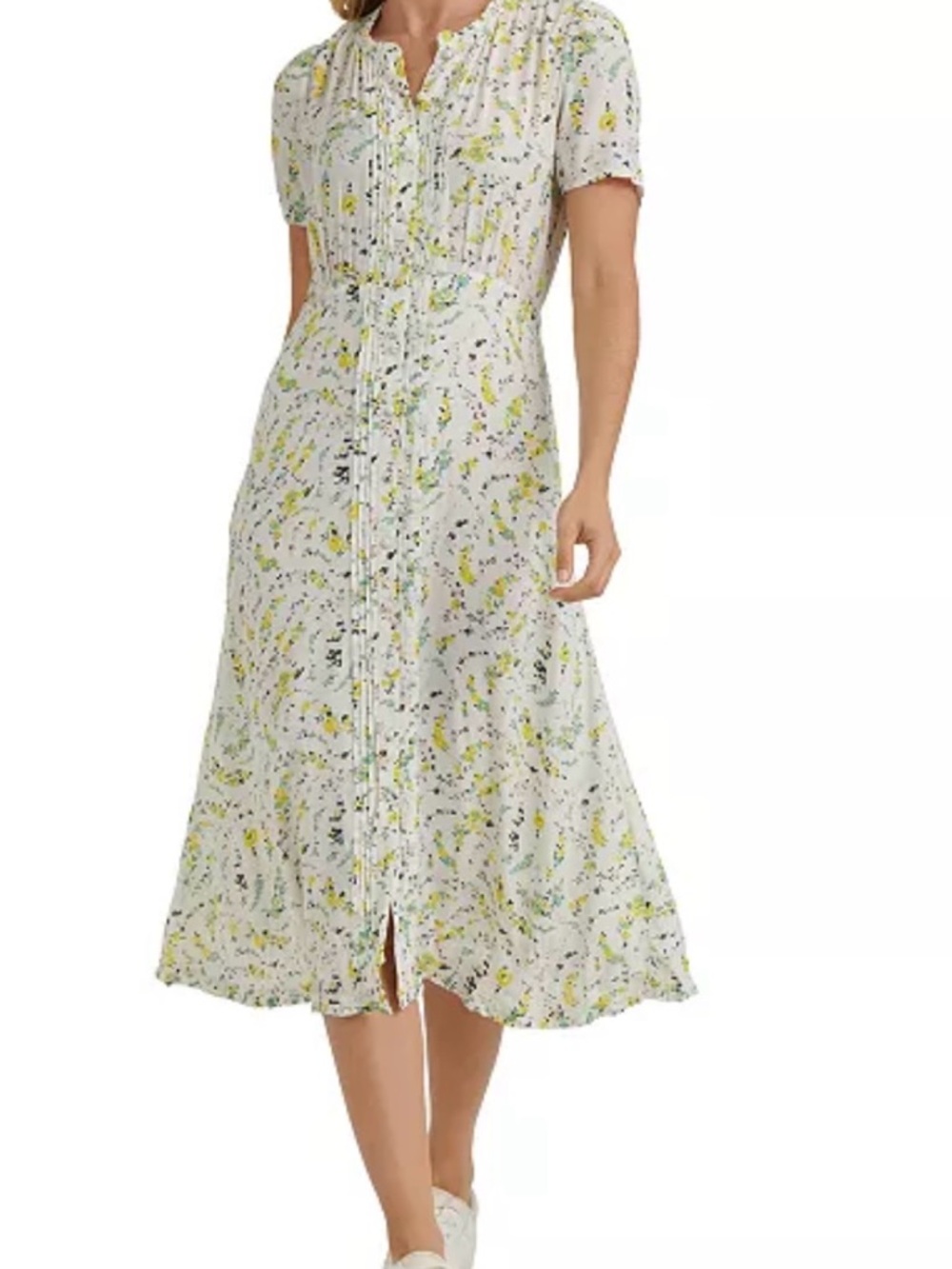 Lucky Brand White Floral Button-Front Midi Dress with Yellow & Green Accents